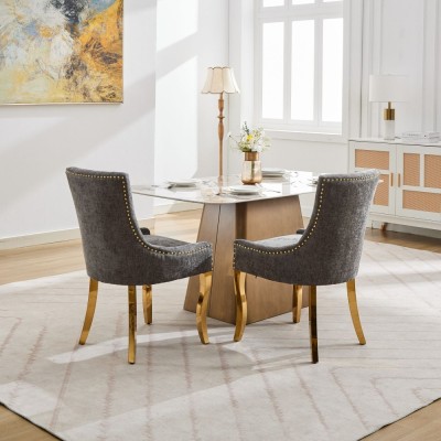 Chenille Dining Chairs Modern Style Curved Gold Plated Legs Rivet Trim Upholstered Comfort Dining Lounge Accent Seating Hotel