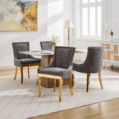 Chenille Dining Chairs Modern Style Curved Gold Plated Legs Rivet Trim Upholstered Comfort Dining Lounge Accent Seating Hotel