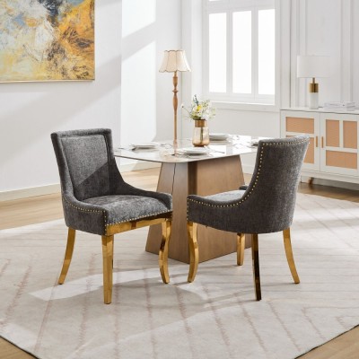 Chenille Dining Chairs Modern Style Curved Gold Plated Legs Rivet Trim Upholstered Comfort Dining Lounge Accent Seating Hotel