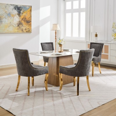 Chenille Dining Chairs Modern Style Curved Gold Plated Legs Rivet Trim Upholstered Comfort Dining Lounge Accent Seating Hotel
