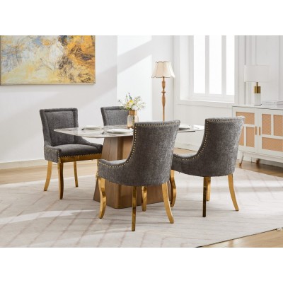 Chenille Dining Chairs Modern Style Curved Gold Plated Legs Rivet Trim Upholstered Comfort Dining Lounge Accent Seating Hotel