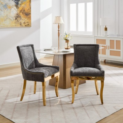 Chenille Dining Chairs Modern Style Curved Gold Plated Legs Rivet Trim Upholstered Comfort Dining Lounge Accent Seating Hotel
