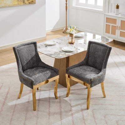 Chenille Dining Chairs Modern Style Curved Gold Plated Legs Rivet Trim Upholstered Comfort Dining Lounge Accent Seating Hotel