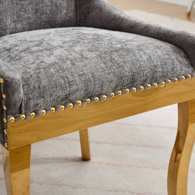 Chenille Dining Chairs Modern Style Curved Gold Plated Legs Rivet Trim Upholstered Comfort Dining Lounge Accent Seating Hotel