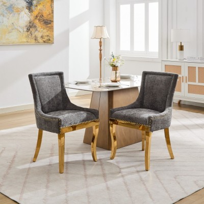 Chenille Dining Chairs Modern Style Curved Gold Plated Legs Rivet Trim Upholstered Comfort Dining Lounge Accent Seating Hotel
