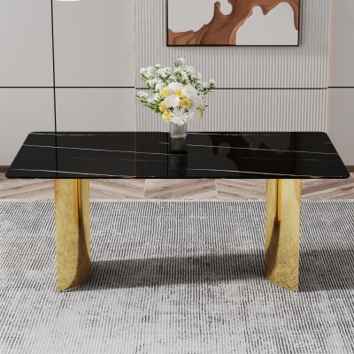 Modern Minimalist Dining Table Black Patterned Glass Desktop Golden Metal Legs Eco-friendly Durable Home Furniture for Hotels