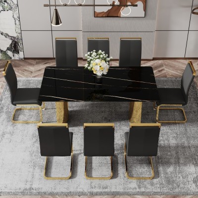 Modern Minimalist Dining Table Black Patterned Glass Desktop Golden Metal Legs Eco-friendly Durable Home Furniture for Hotels