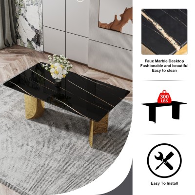 Modern Minimalist Dining Table Black Patterned Glass Desktop Golden Metal Legs Eco-friendly Durable Home Furniture for Hotels