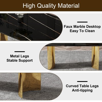 Modern Minimalist Dining Table Black Patterned Glass Desktop Golden Metal Legs Eco-friendly Durable Home Furniture for Hotels