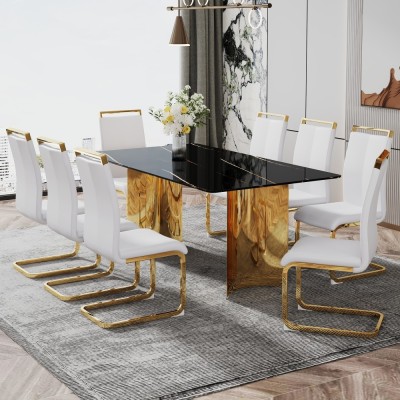 Modern Minimalist Dining Table Black Patterned Glass Desktop Golden Metal Legs Eco-friendly Durable Home Furniture for Hotels