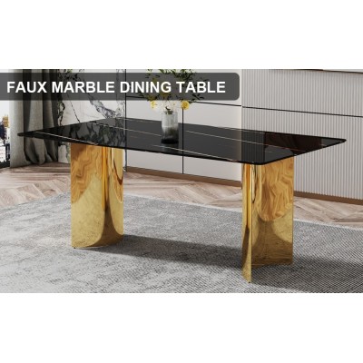 Modern Minimalist Dining Table Black Patterned Glass Desktop Golden Metal Legs Eco-friendly Durable Home Furniture for Hotels