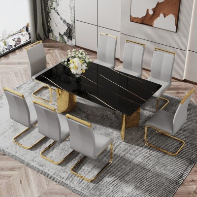 Modern Minimalist Dining Table Black Patterned Glass Desktop Golden Metal Legs Eco-friendly Durable Home Furniture for Hotels
