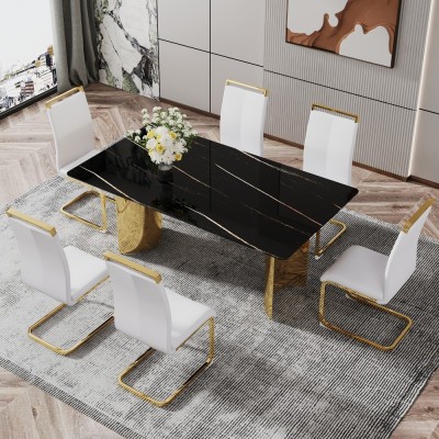 Modern Minimalist Dining Table Black Patterned Glass Desktop Golden Metal Legs Eco-friendly Durable Home Furniture for Hotels