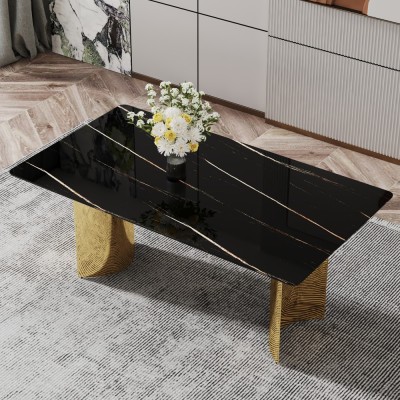 Modern Minimalist Dining Table Black Patterned Glass Desktop Golden Metal Legs Eco-friendly Durable Home Furniture for Hotels