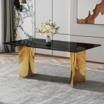 Modern Minimalist Dining Table Black Patterned Glass Desktop Golden Metal Legs Eco-friendly Durable Home Furniture for Hotels