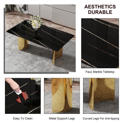 Modern Minimalist Dining Table Black Patterned Glass Desktop Golden Metal Legs Eco-friendly Durable Home Furniture for Hotels