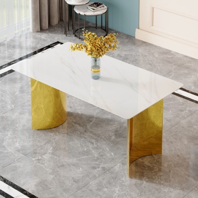 Modern Minimalist Dining Table Black Patterned Glass Desktop Golden Metal Legs Eco-friendly Durable Home Furniture for Hotels