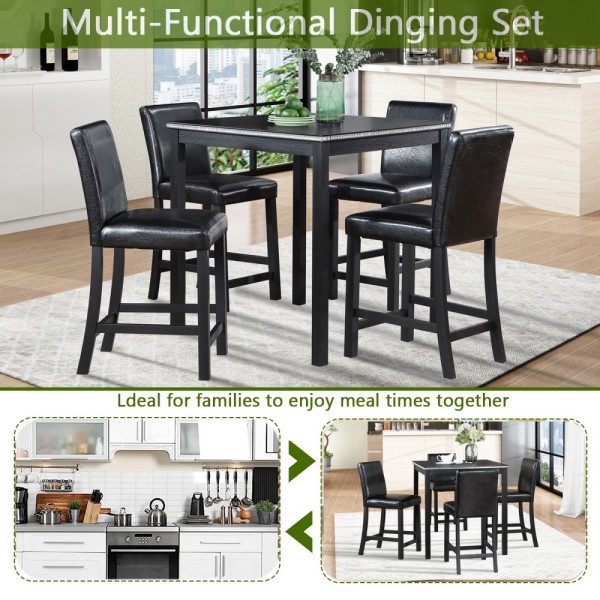 5-Piece Counter Height Dining Table Set | Solid Wood Square Table with Crystal Decor + 4 Upholstered Chairs