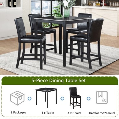 5-Piece Counter Height Dining Table Set | Solid Wood Square Table with Crystal Decor + 4 Upholstered Chairs