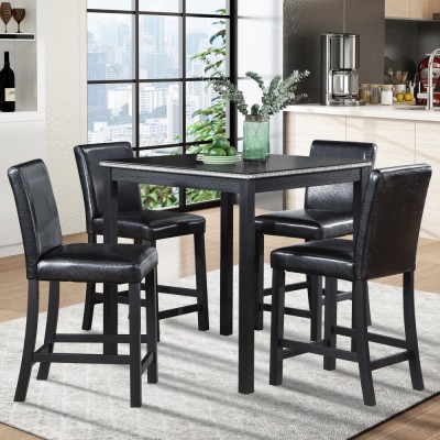 5-Piece Counter Height Dining Table Set | Solid Wood Square Table with Crystal Decor + 4 Upholstered Chairs