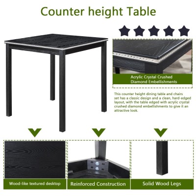 5-Piece Counter Height Dining Table Set | Solid Wood Square Table with Crystal Decor + 4 Upholstered Chairs