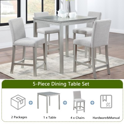 5-Piece Counter Height Dining Table Set | Solid Wood Square Table with Crystal Decor + 4 Upholstered Chairs