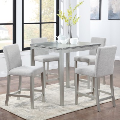 5-Piece Counter Height Dining Table Set | Solid Wood Square Table with Crystal Decor + 4 Upholstered Chairs