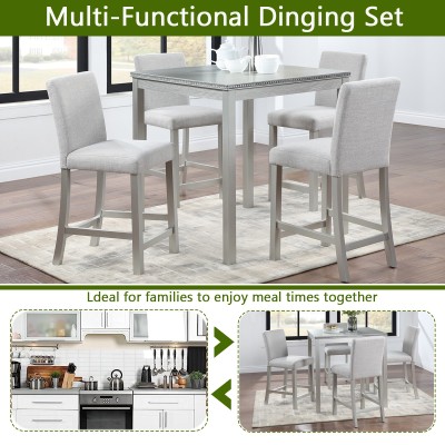 5-Piece Counter Height Dining Table Set | Solid Wood Square Table with Crystal Decor + 4 Upholstered Chairs