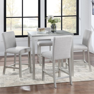 5-Piece Counter Height Dining Table Set | Solid Wood Square Table with Crystal Decor + 4 Upholstered Chairs