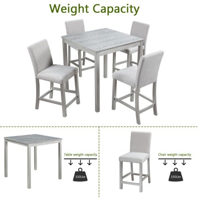 5-Piece Counter Height Dining Table Set | Solid Wood Square Table with Crystal Decor + 4 Upholstered Chairs