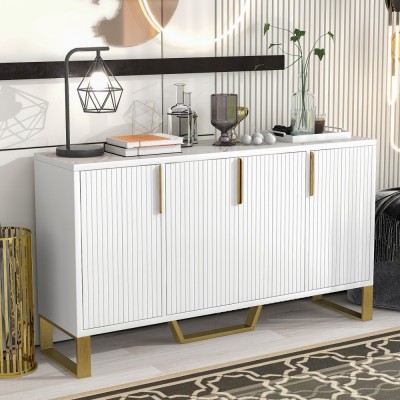 Modern Solid Wood Sideboard with Four Doors Adjustable Shelves Handles/Legs for Kitchen Dining Room & Living Room