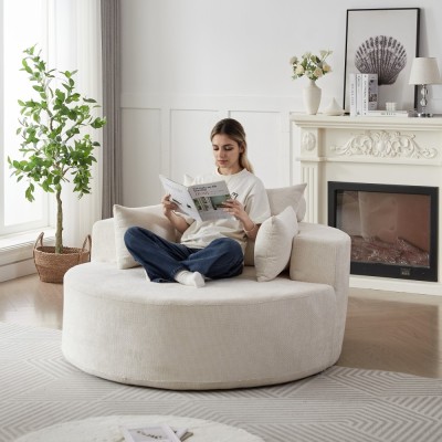 55-inch Fluffy Modern Round Single Sofa,No Assembly Required,Premium Corduroy & Chenille,Comfy Sleeper Chair for Living Room