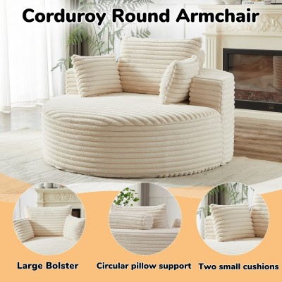55-inch Fluffy Modern Round Single Sofa,No Assembly Required,Premium Corduroy & Chenille,Comfy Sleeper Chair for Living Room