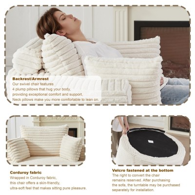 55-inch Fluffy Modern Round Single Sofa,No Assembly Required,Premium Corduroy & Chenille,Comfy Sleeper Chair for Living Room