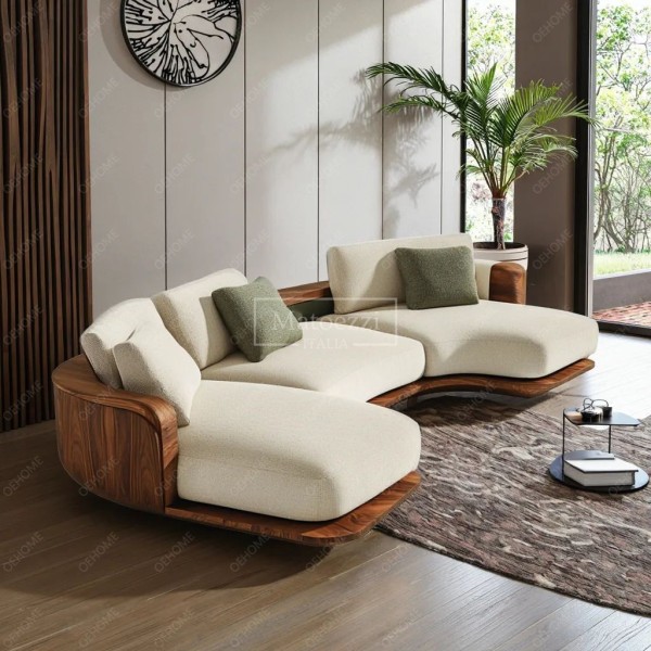 Walnut-Colored Wabi-Sabi Modern Style Three-Seat Sectional Sofa Bed Set Luxury Velvet Fabric Wooden for Home Living Apartment