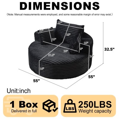 55-inch Fluffy Modern Round Single Sofa,No Assembly Required,Premium Corduroy & Chenille,Comfy Sleeper Chair for Living Room