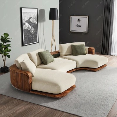 Walnut-Colored Wabi-Sabi Modern Style Three-Seat Sectional Sofa Bed Set Luxury Velvet Fabric Wooden for Home Living Apartment