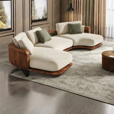 Walnut-Colored Wabi-Sabi Modern Style Three-Seat Sectional Sofa Bed Set Luxury Velvet Fabric Wooden for Home Living Apartment