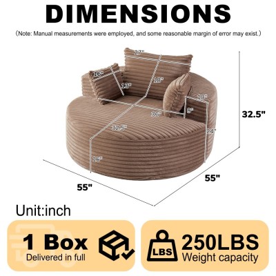 55-inch Fluffy Modern Round Single Sofa,No Assembly Required,Premium Corduroy & Chenille,Comfy Sleeper Chair for Living Room