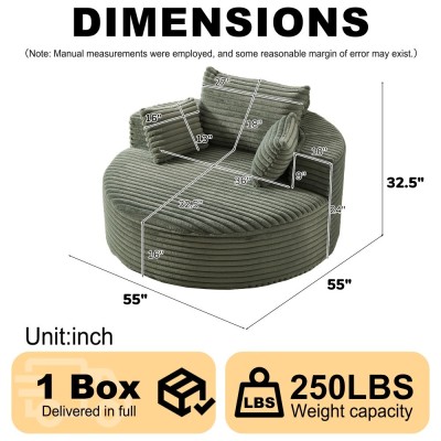 55-inch Fluffy Modern Round Single Sofa,No Assembly Required,Premium Corduroy & Chenille,Comfy Sleeper Chair for Living Room