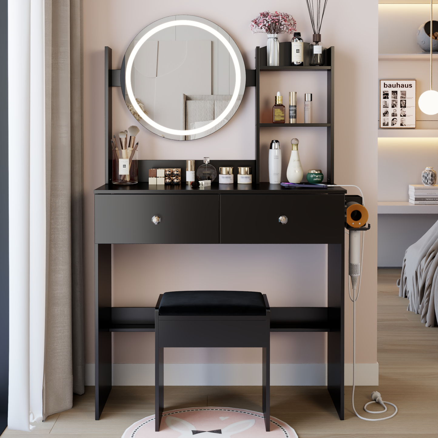 17' Round LED Mirror Vanity Table+Cushioned Stool, Equipped With 2 AC+2 USB Power Socket, Big Mirror, Touch Switch, 3 Colors, Adjustable Brightness, Large Desktop, Multi-layer High Capacity Storage