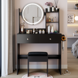 17' Round LED Mirror Vanity Table+Cushioned Stool, Equipped With 2 AC+2 USB Power Socket, Big Mirror, Touch Switch, 3 Colors, Adjustable Brightness, Large Desktop, Multi-layer High Capacity Storage