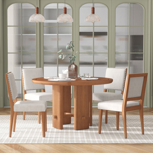 TREXM 5-Piece Round Dining Table Set for 4, Minimalist Farmhouse Dining Table with 4 Solid Wood Upholstered Chairs, Kitchen & Dining Room Sets (Brown)