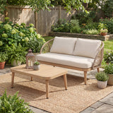 2-Piece Acacia Wood Patio Set, Curved Tub Loveseat & Slatted Coffee Table with Woven Rope Accents & Weather-Resistant Cushions