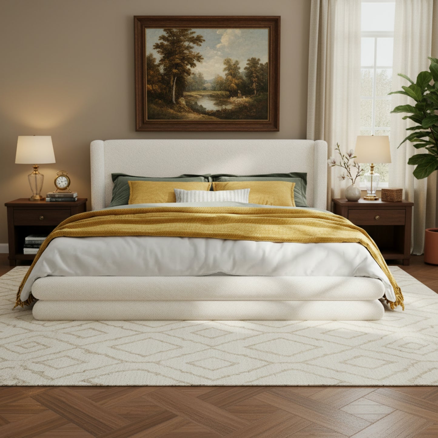 King Size Upholstered Bed Frame With Boucle Thick Wingback Headboard, White
