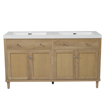 60 Inch Bathroom Vanity with Double Sink SMC, Large Storage Space, Solid Wood Legs, Silver Knobs, Wood Finish