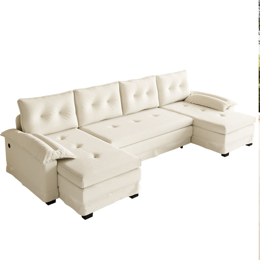 104.7' U-Shaped Sleeper Sofa with Pull Out Bed,2 in 1 Convertible Couch Bed with Removable Armrests & USB Ports,Oversized Sectional Modular with Chaise Lounge for Living Room//Apartment,Beige/white