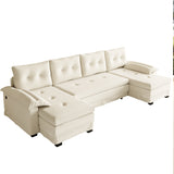 104.7' U-Shaped Sleeper Sofa with Pull Out Bed,2 in 1 Convertible Couch Bed with Removable Armrests & USB Ports,Oversized Sectional Modular with Chaise Lounge for Living Room//Apartment,Beige/white