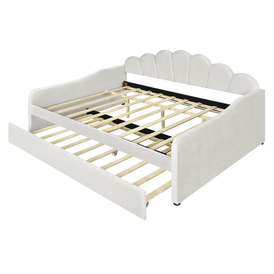 Elegant Full Size Upholstery Daybed Frame with Shell Shaped Backrest and Trundle, White Velvet
