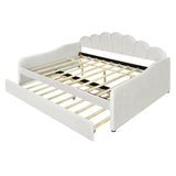 Elegant Full Size Upholstery Daybed Frame with Shell Shaped Backrest and Trundle, White Velvet